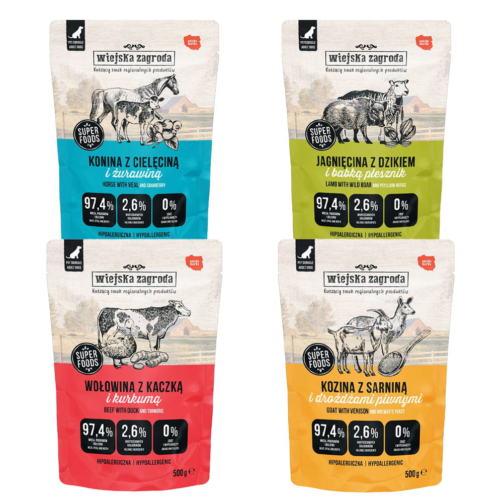Wiejska Zagroda Karma mokra dla psa MIX smaków (dorosły) 4x500g